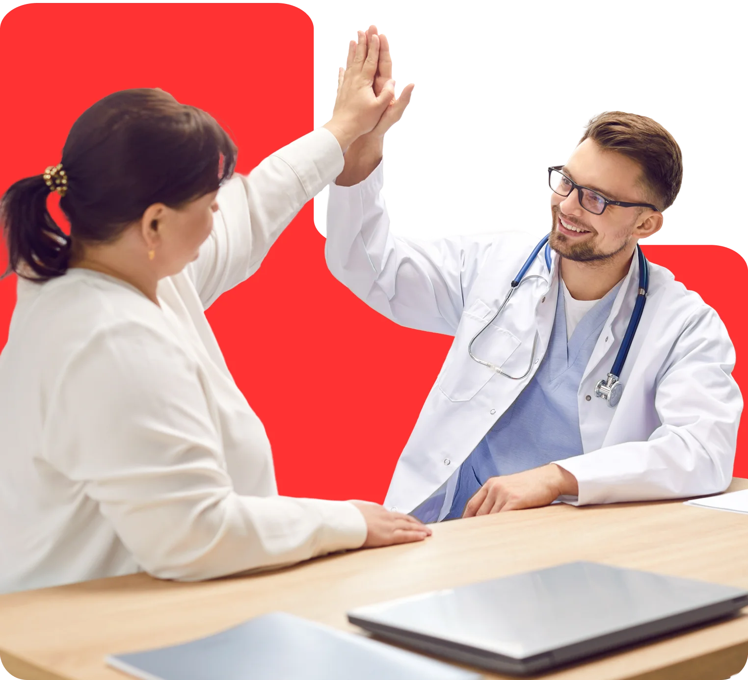 A weight loss management doctor giving a high-five to its happy patient
