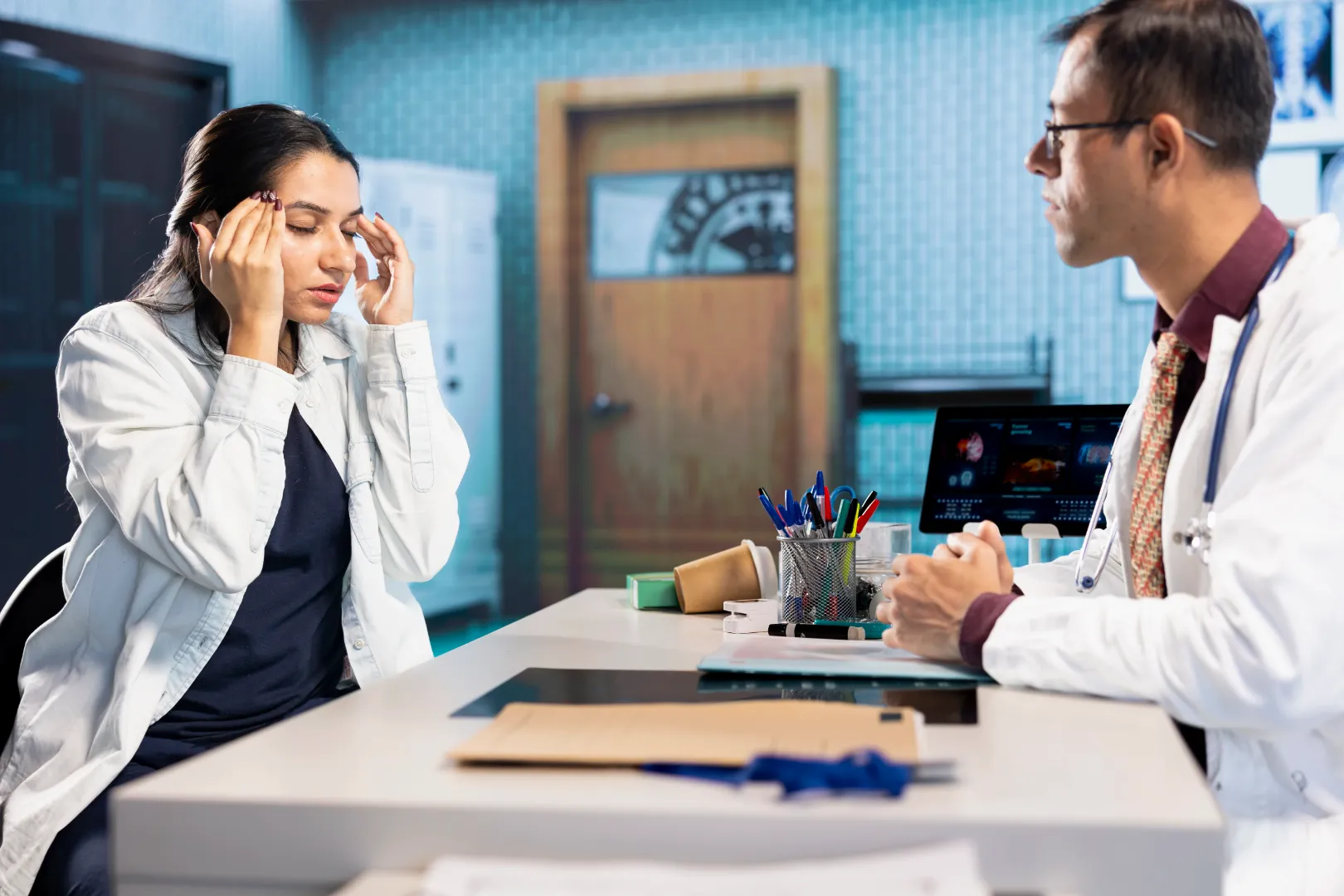 Woman experiencing a headache while consulting a doctor about semaglutide side effects.